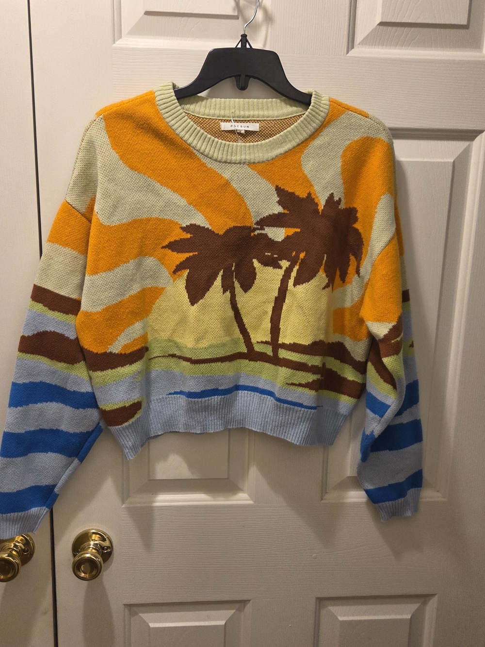 PacSun Tropical Sunset Palm Crewneck Sweater - Yellow, Orange, Brown, Blue